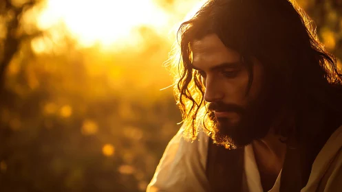 Soft golden sunset embraces a thoughtful bearded man.