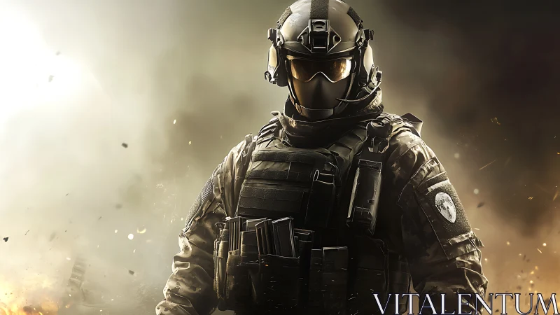 Armored futuristic soldier stands amid blazing battlefield.