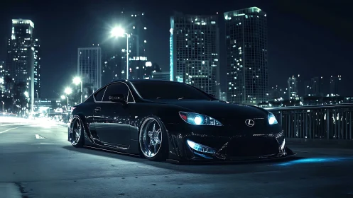 Lowered black Lexus coupe glides through neon city night