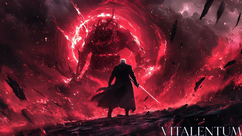 Lone swordbearer welcomes a colossal fiery void beast