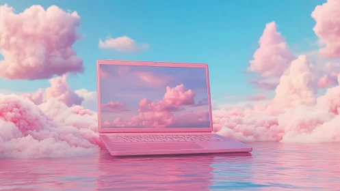 Pink laptop in dreamy pink clouds over reflective water.