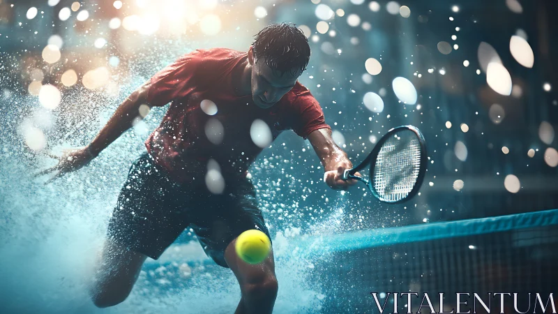 Dynamic tennis player dives through water in powerful rally.