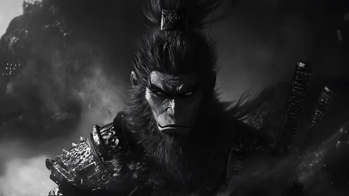 Storm‑eyed warrior monkey steps from the swirling shadows.
