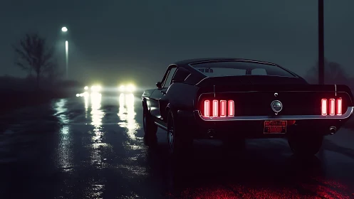 Classic fastback muscle car on wet neon-lit night highway.