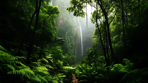 Misty Rainforest Waterfall Through Ancient Trees.