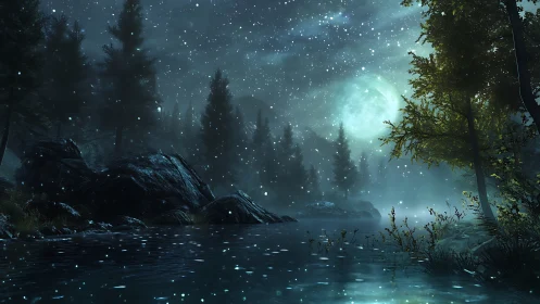 Moonlit forest lake under drifting snow and mist.