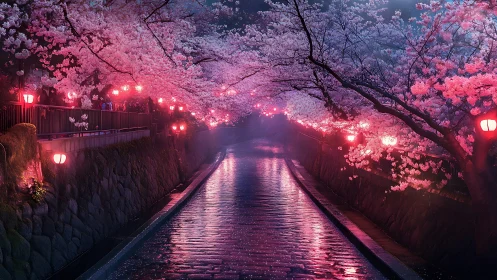 Lantern-lit cherry river drifts through a neon spring dream