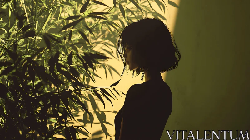 Silhouetted girl contemplates beside sunlit bamboo leaves.