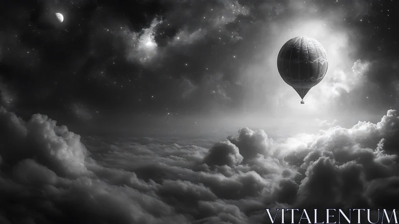 Monochrome balloon ascends above stratified cloud layer at night