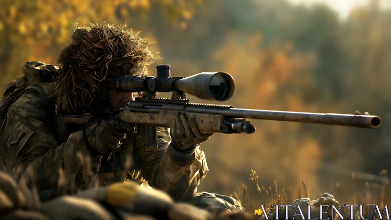 Sniper in Ghillie Suit Aiming Scoped Rifle.