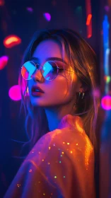 Neon-lit portrait with reflective glasses and bokeh glow.