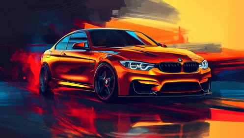 Orange performance coupe slices through neon abstract light.