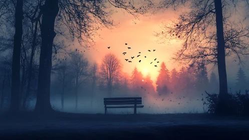 Quiet park bench welcomes sunrise in a misty forest glow