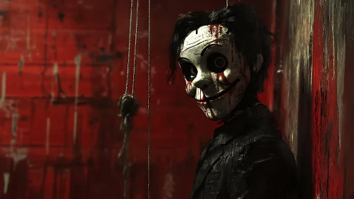 Grinning puppet in a crimson hall of eerie whispers.