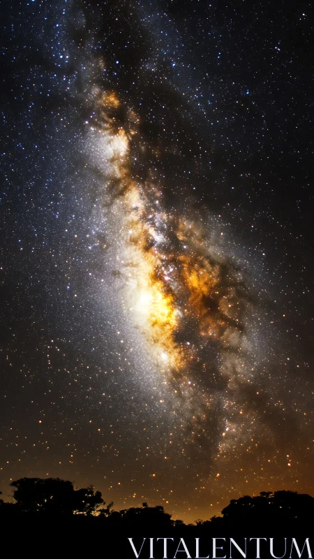 Milky Way galactic core over silhouetted forest horizon.