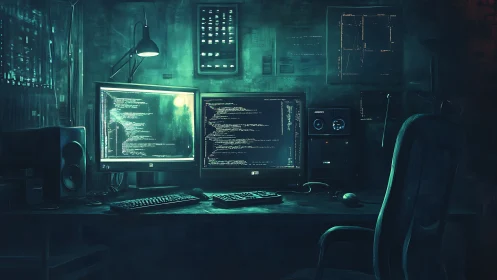 Dual-monitor programming workstation glows in dark room