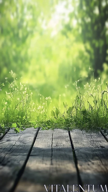Wooden Deck Surface with Shallow Depth of Field Overlooking Wild Grass