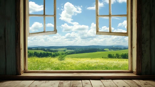 Rustic window frames sunlit meadow and distant hills view