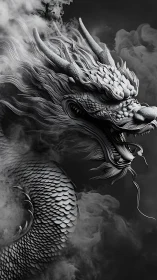 Monochrome eastern dragon coils through swirling smoke.