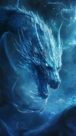 Frozen azure dragon coils through luminous storm seas.