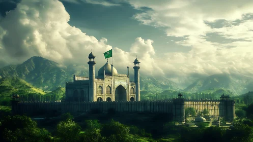 Mountain fortress mosque with national flag in green valley.