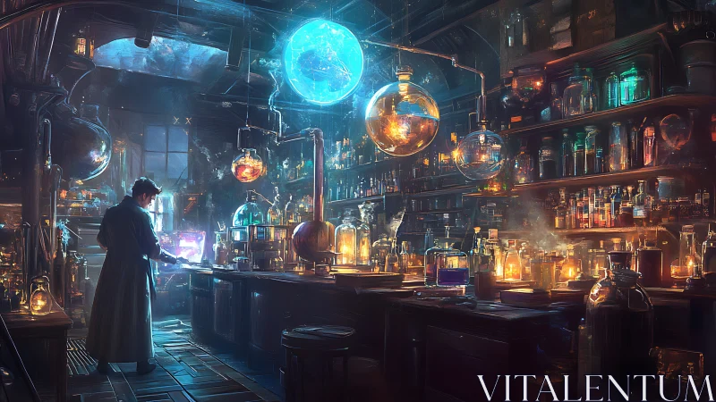 Solitary alchemist manipulates glowing planet over crowded lab