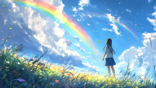 Girl in blue field watching bright double rainbow sky.