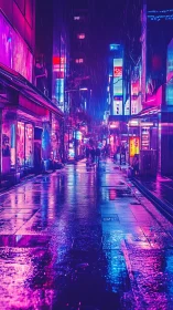 Neon-soaked rainy alley with reflective wet pavement and signs