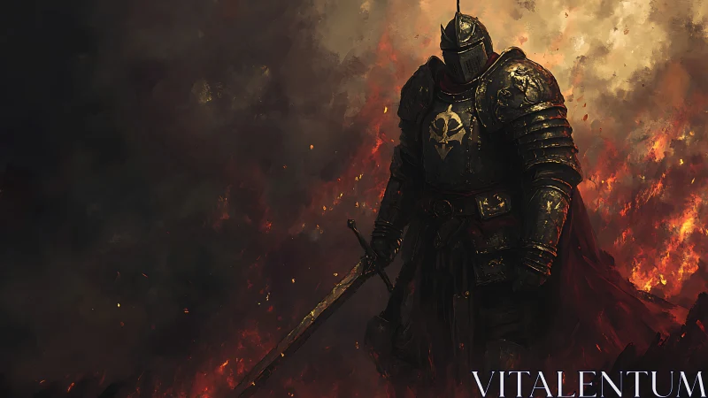 Armored dark knight stands over burning battlefield scene.