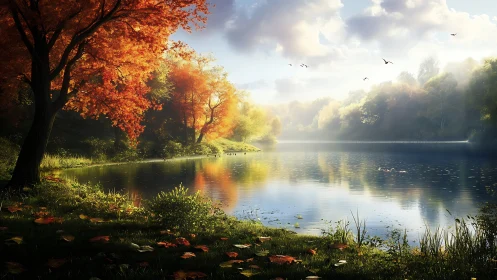 Digital painting of autumn lakeside canopy and luminous reflections.