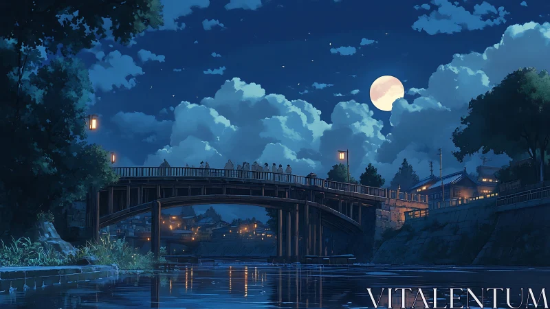 Moonlit riverside bridge under a quietly glowing summer sky.