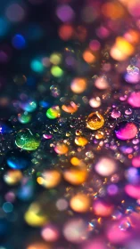 Iridescent water droplets glow across multicolor bokeh field