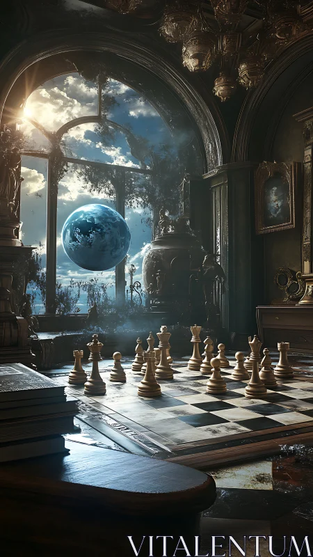 Surreal chessboard in ornate study with floating planet.