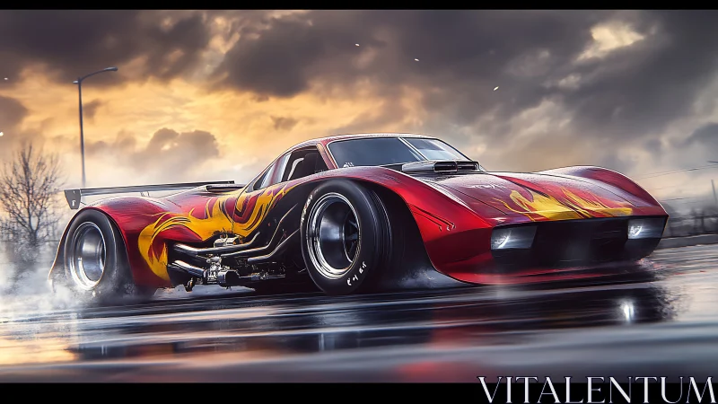 Roaring flame-painted race car surges across wet city streets