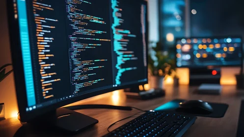 Ultrawide dual-monitor workstation with code editor at night