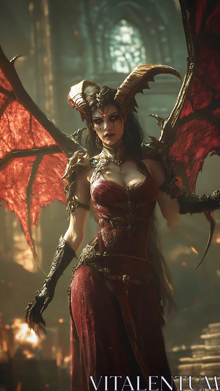 Demonic queen strides through burning cathedral ruins.