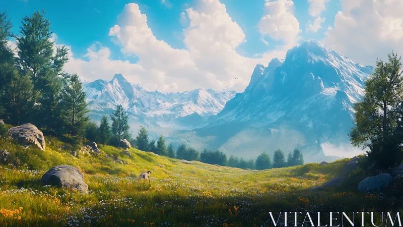 Sunlit alpine meadow opens toward towering snowy peaks.