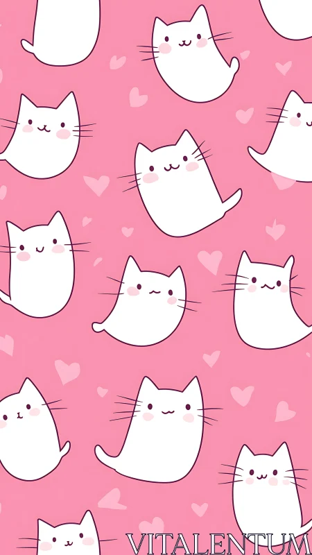 Kawaii White Cats with Pink Hearts on Soft Pink Background Pattern