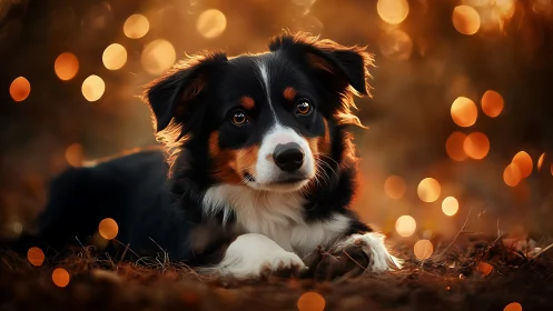 Photorealistic tricolor dog portrait with autumn bokeh field.