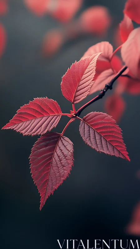 Red compound leaf against soft dark blurred background.