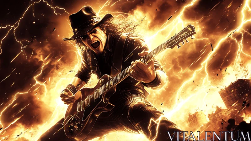 Digital painting of electric rock guitarist in apocalyptic inferno.
