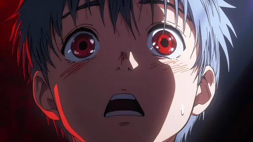 Close-up shows anime character with wide red eyes in shadow