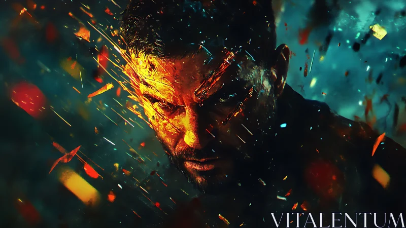 Burning warrior head erupts through fractured embers storm.