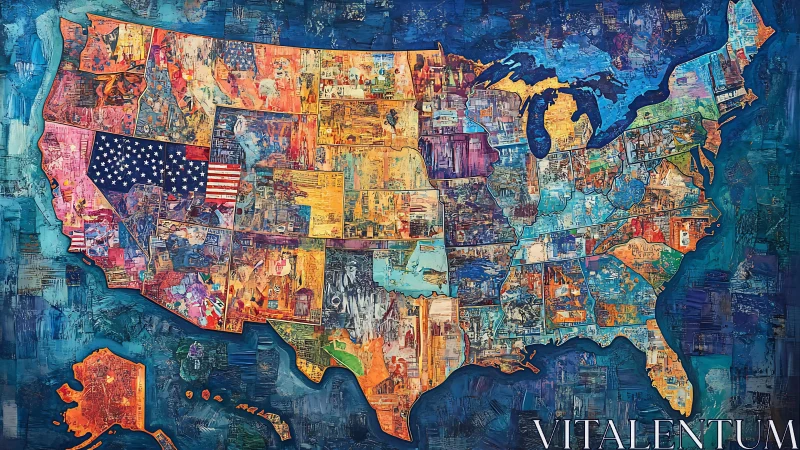 Textured collage map of the United States in vivid impasto color.