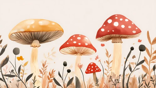 Whimsical red toadstools in neutral botanical watercolor field.
