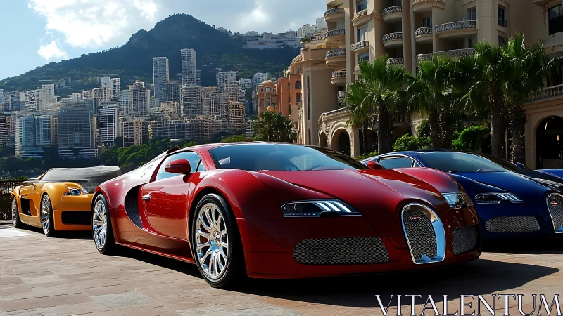 Red supercar lineup beside luxury hotel and skyline.