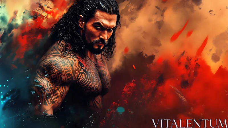 Tattooed warrior emerges through fiery abstract color fields.