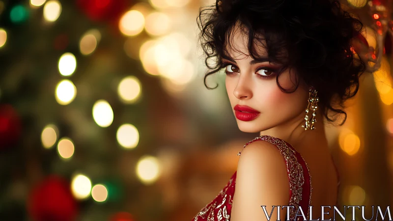 Glamorous woman in red dress before festive bokeh lights