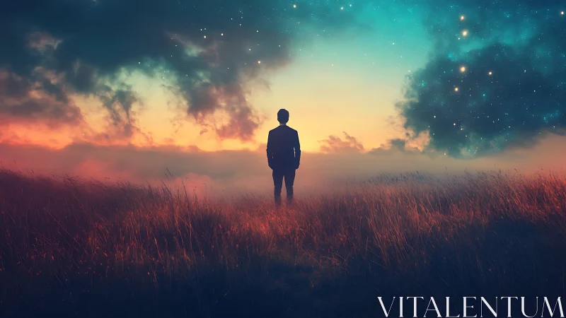 Digital painting of solitary figure under astral twilight sky.