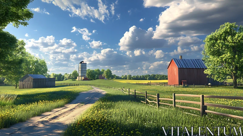 Sunny rural farm road winds through peaceful green landscape.
